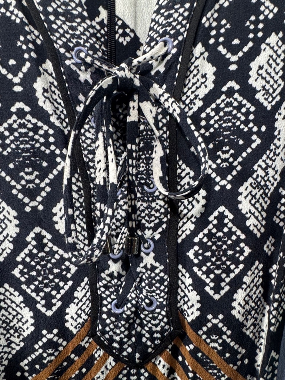 NWOT Hale Bob Black, White & Purple Tribal Printed Romper Zipper Back Tie Front - Picture 11 of 15